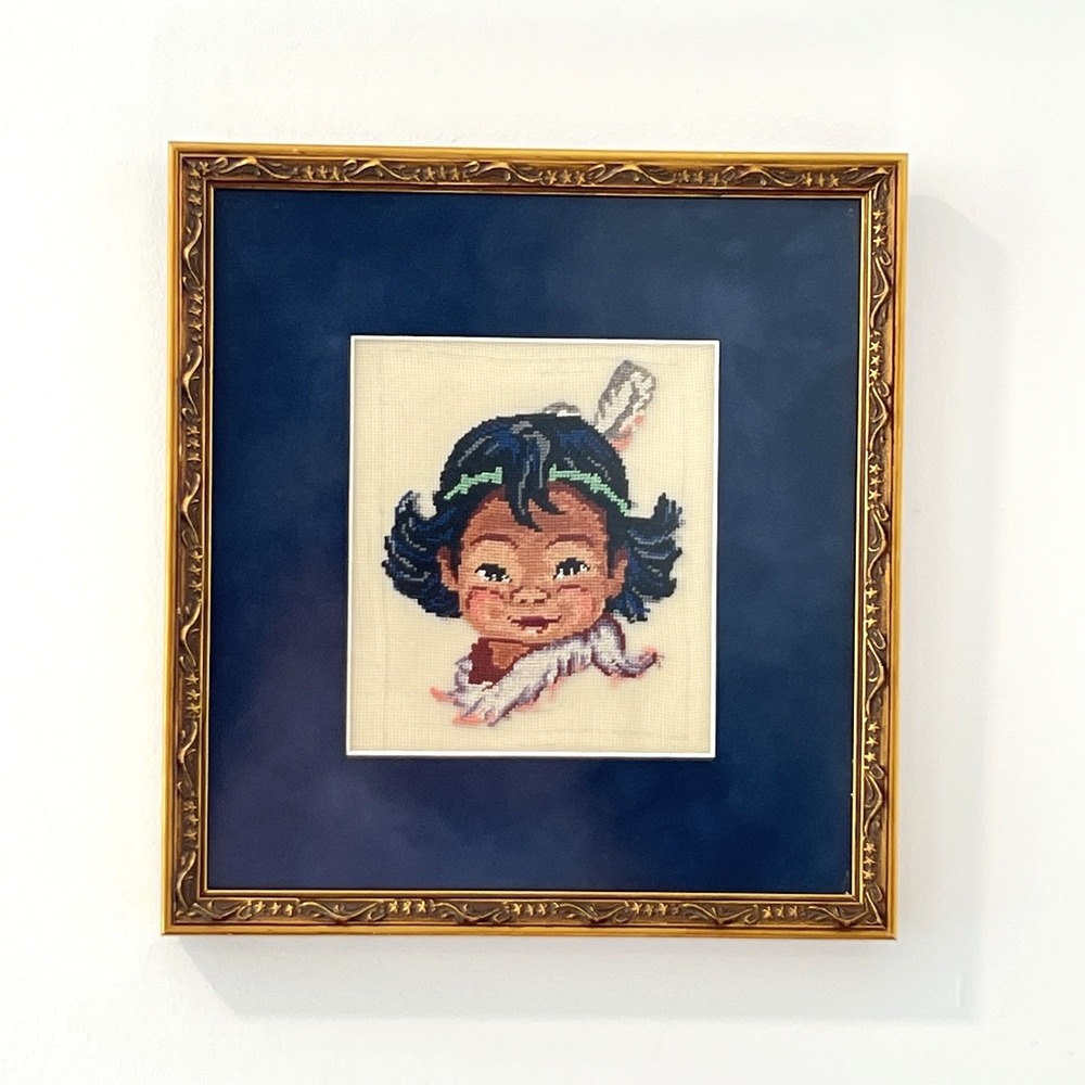 Vintage Embroidered Native American‎ Child Framed MCM Wall Art Approx 10 x 9 "